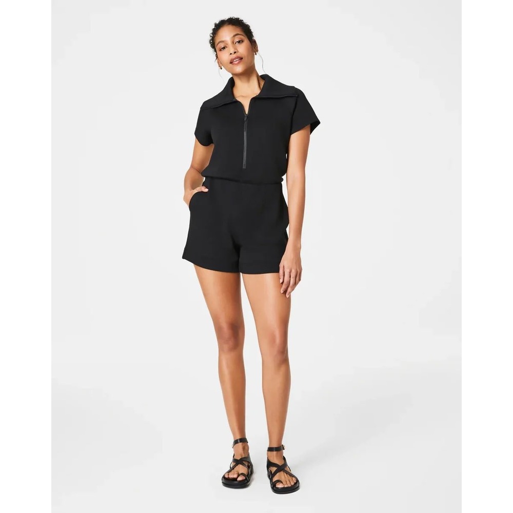 Spanx AirEssentials Short Sleeve Romper Black Half Zip Oversized Collar Large